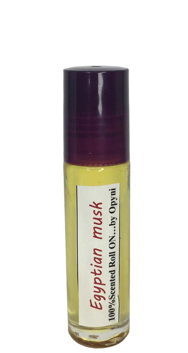 Roll-on bottle of Egyptian musk by Opyneye on a white background